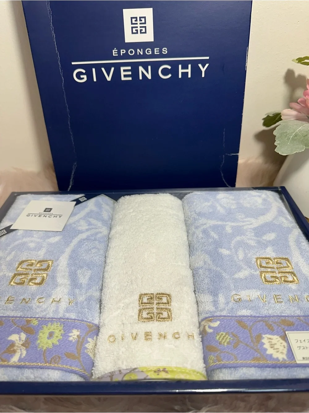 Givenchy Light Blue & White Embroidered Hand Towel Trio
